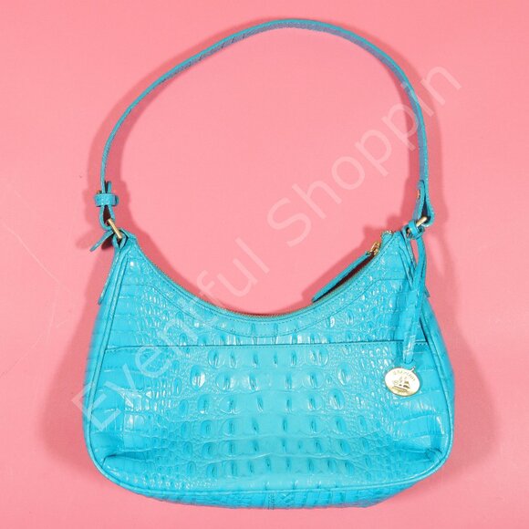 Brahmin Croc Embossed Leather Lacy Shoulder Bag Purse in Blue